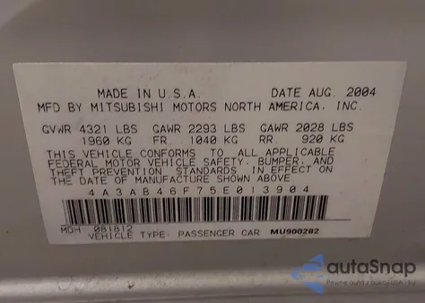 2005 Mitsubishi Galant Es/Se from USA, damaged, VIN 4A3AB46F75E013904